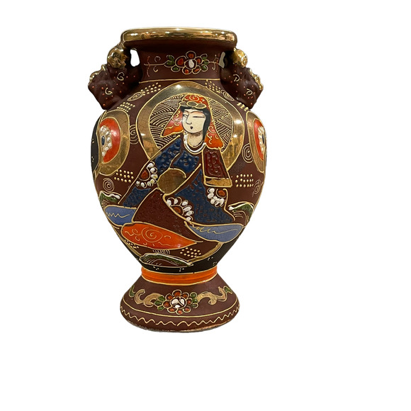 Vintage‎ Japanese Hand Painted Moriage Vase 7.5" Tall Brown Blue Handles - Picture 1 of 6